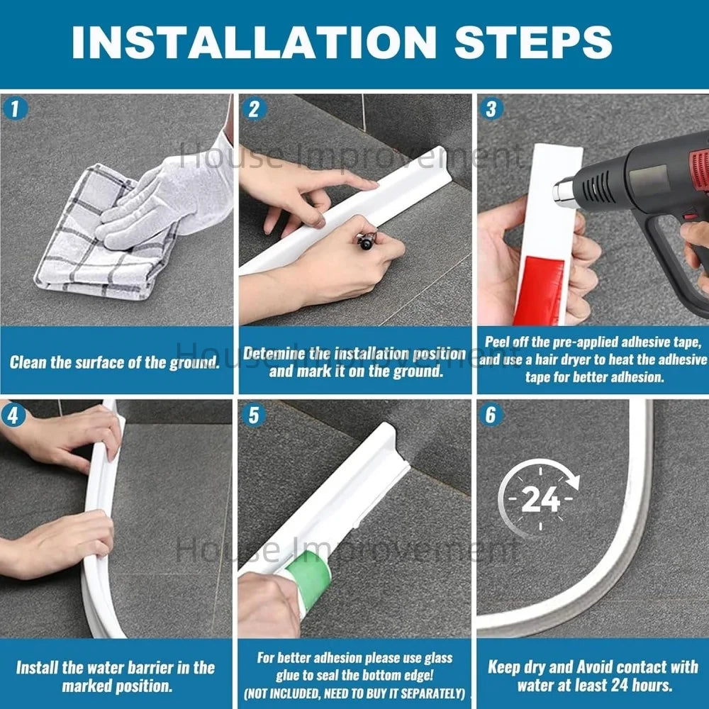 Installation steps showing how to install a flexible silicone shower threshold water dam for bathroom dry-wet separation