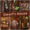 A collection of scenes depicting a dwarf's house, including wooden interiors, bookshelves, and detailed miniature dioramas.