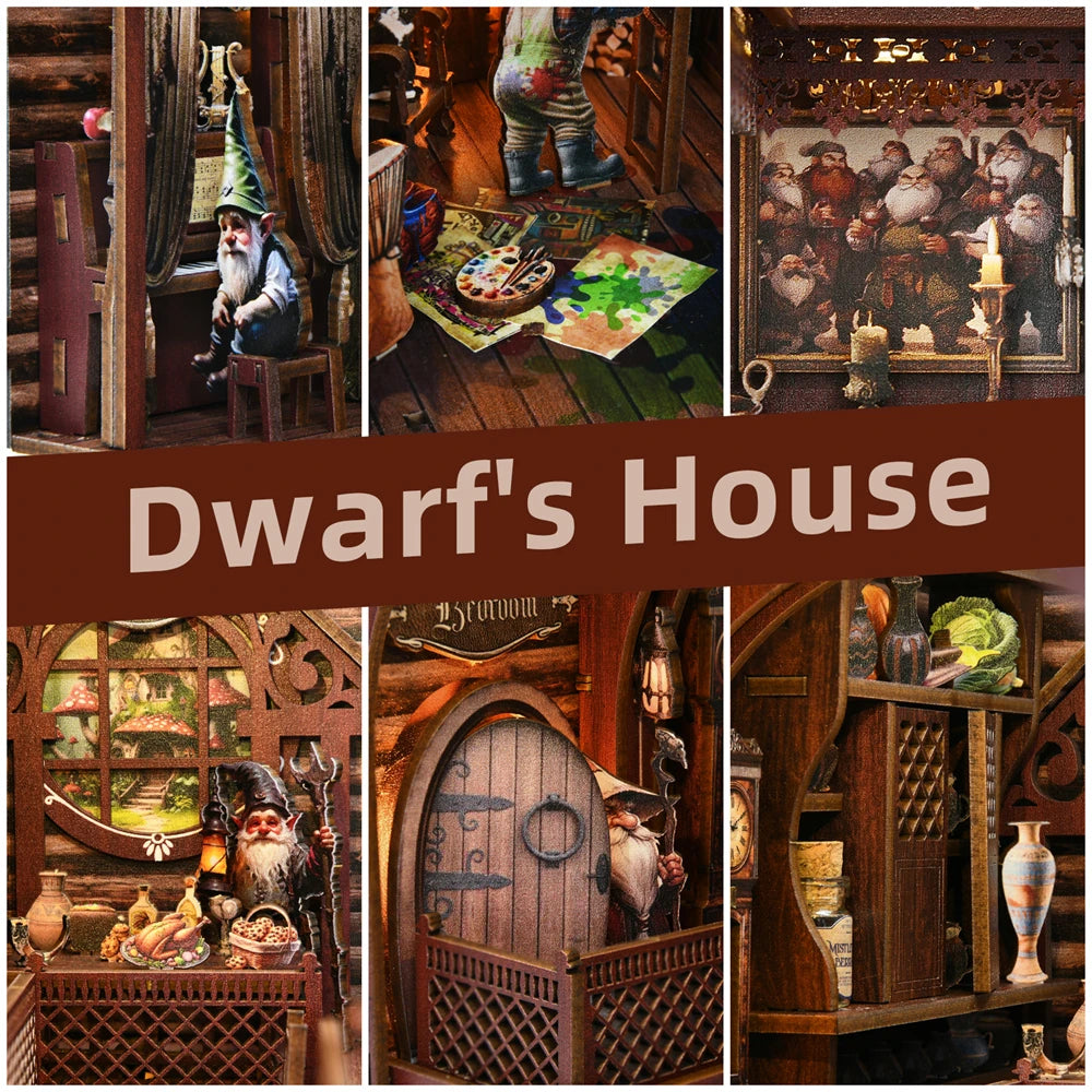 A collection of scenes depicting a dwarf's house, including wooden interiors, bookshelves, and detailed miniature dioramas.