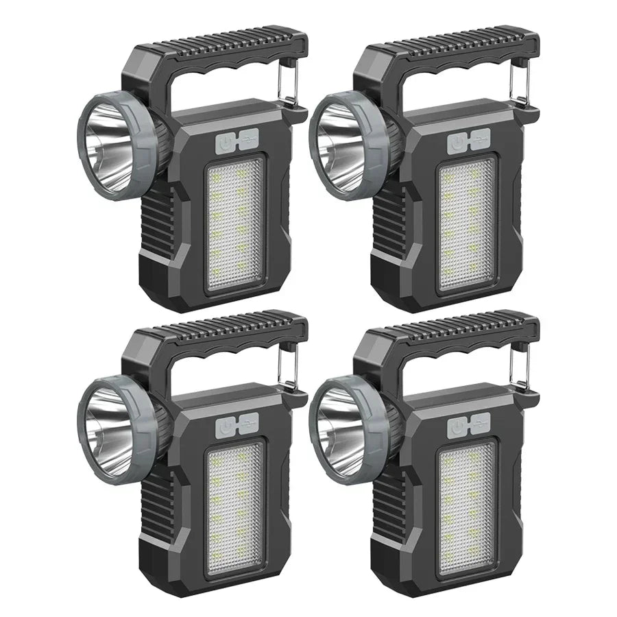 Four views of a black solar-powered LED flashlight with a silver lens and textured body.