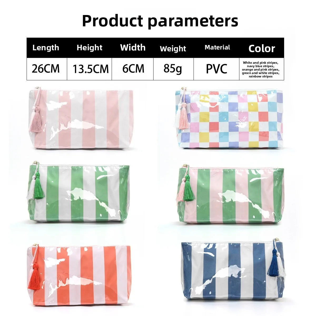 Large-Capacity Striped Cosmetic Bag with Contrasting Design