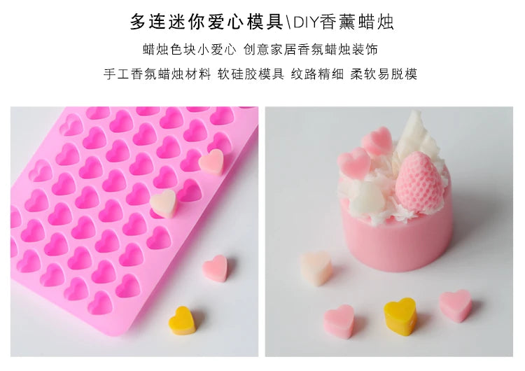 A pink silicone mold tray with heart-shaped cavities and several small heart-shaped silicone molds in various pastel colors.