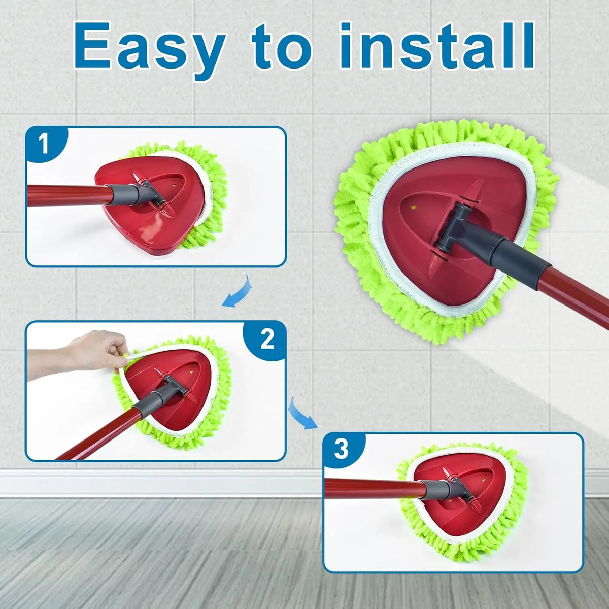 Three replacement spin mop heads shown in installation steps for easy installation.