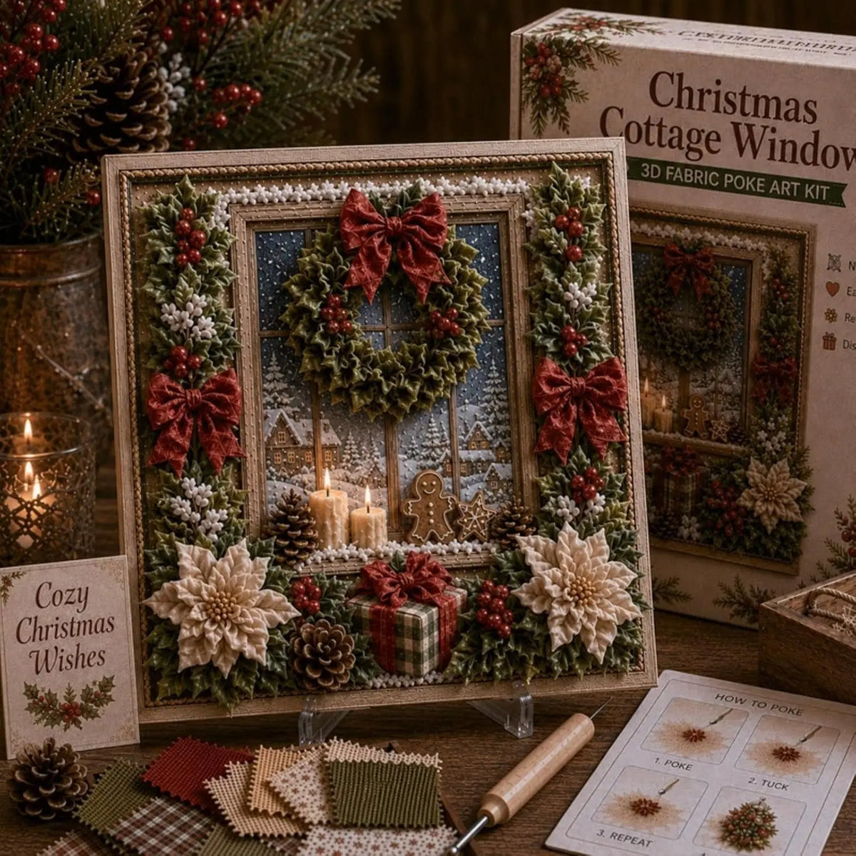A box of a vintage 3D fabric poke art Christmas craft kit featuring a window frame decorated with greenery and red bows.