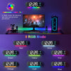 A display showing various RGB color modes on a digital clock interface with an RGB light bar and a computer monitor.