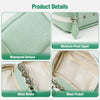 Details of a light green waterproof pill organizer showing the surface, zipper, metal binder, and mesh pocket.