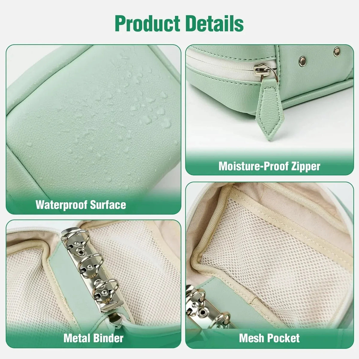 Details of a light green waterproof pill organizer showing the surface, zipper, metal binder, and mesh pocket.