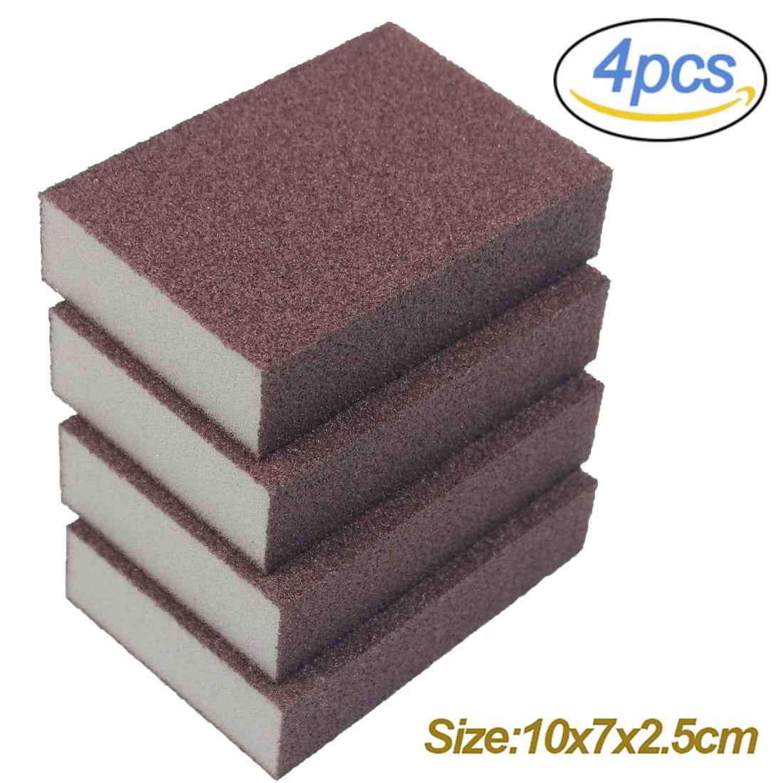 Four brown heavy-duty emery sponges stacked, measuring 10x7x2.5cm.