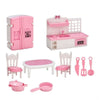 A pink miniature dollhouse furniture set including a refrigerator, kitchen counter, and various utensils.