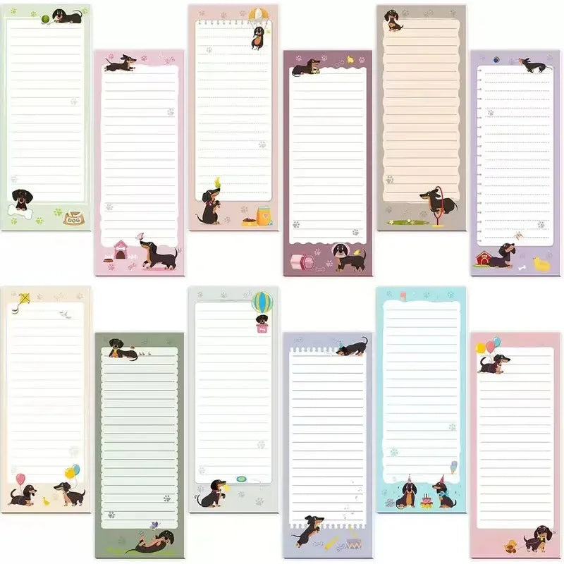A set of magnetic dachshund themed to-do list notepads in various pastel colors.
