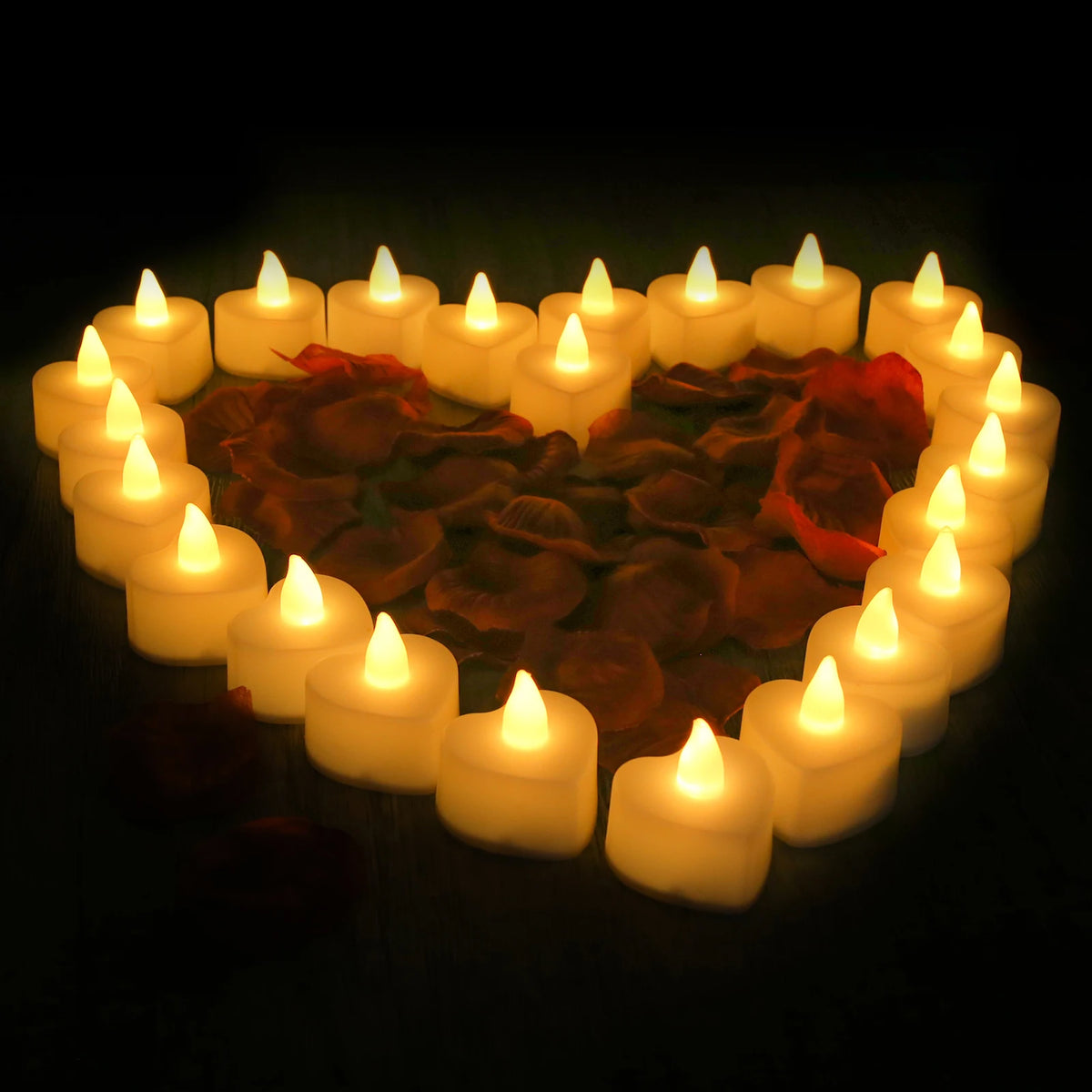 Heart-Shaped LED Tea Lights with Silk Rose Petals
