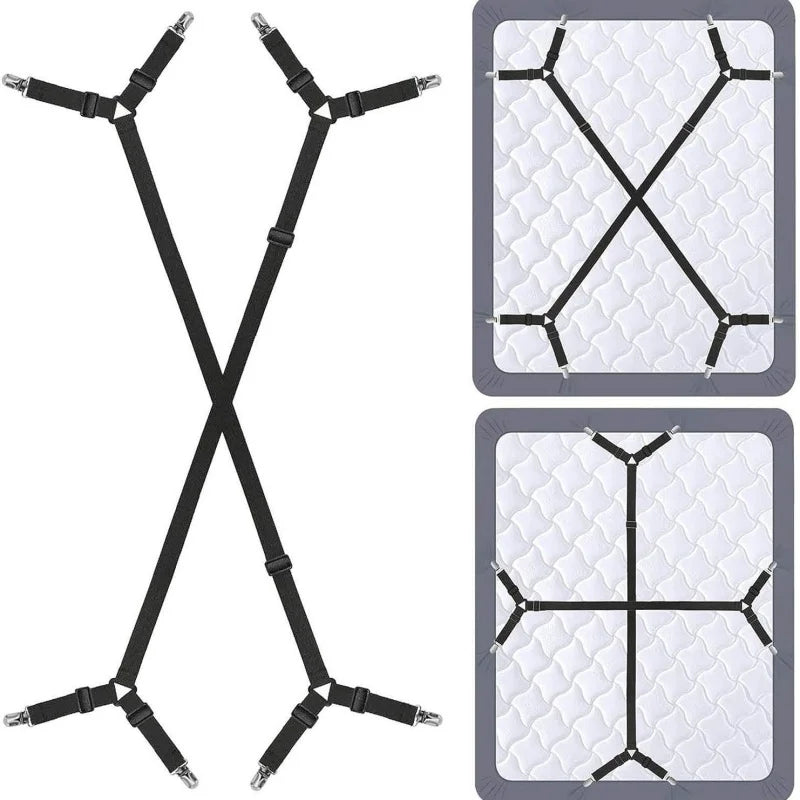 Black adjustable bed sheet holder straps with anti-slip clips shown in two configurations