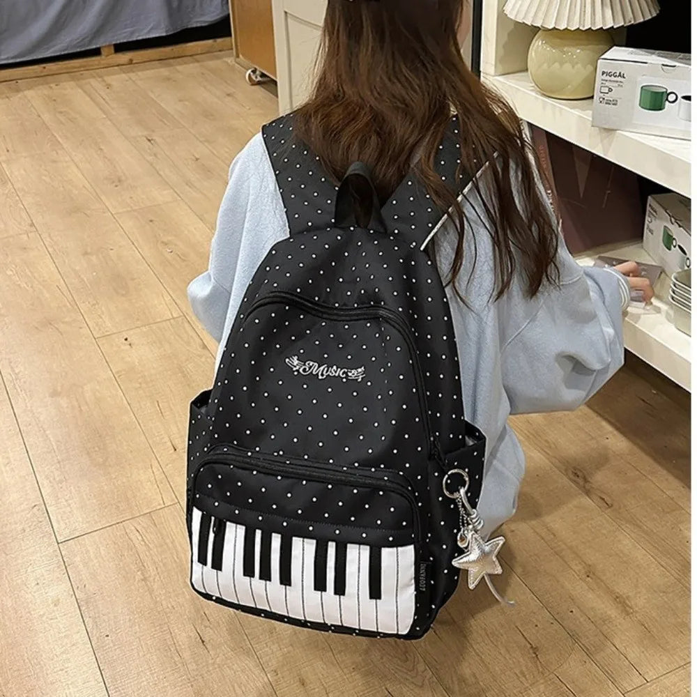 Polka Dot Backpack with Piano Key Design – Large Capacity Travel Daypack