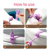 Four steps showing how to use a silicone toilet seat lifter with pull ring on a toilet.