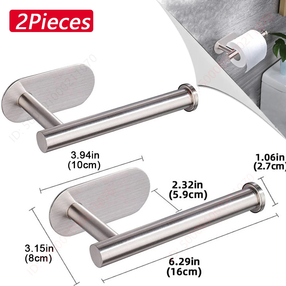 Two silver stainless steel adhesive toilet paper racks shown in different lengths and angles.