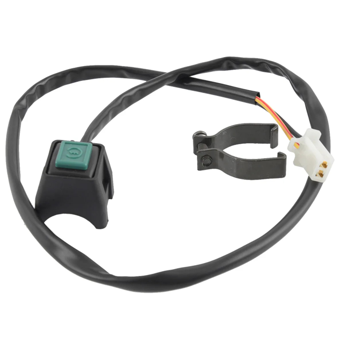 Black electrical cable with a handlebar kill switch and a white connector for motorcycles