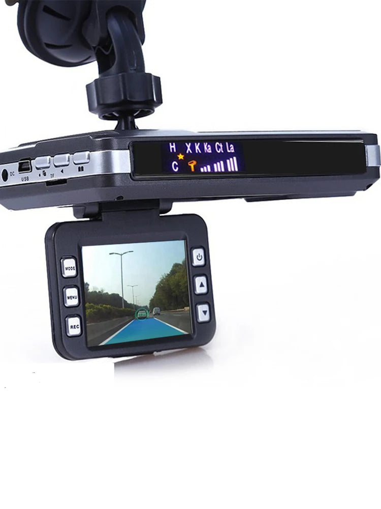 A black full HD dash cam with a display showing radar detection and control buttons.