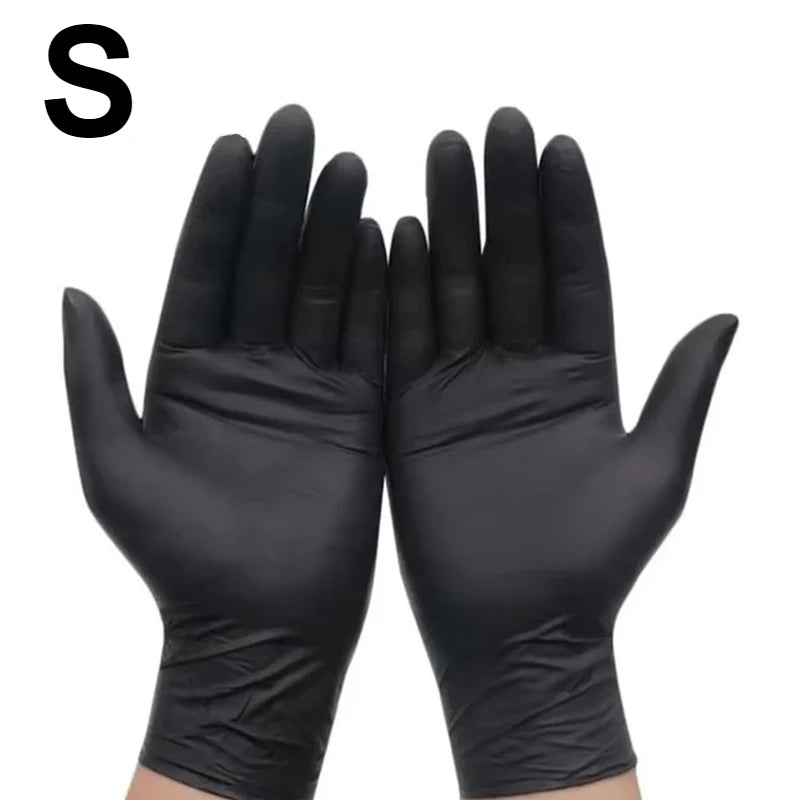 A pair of black disposable nitrile gloves shown against a white background.