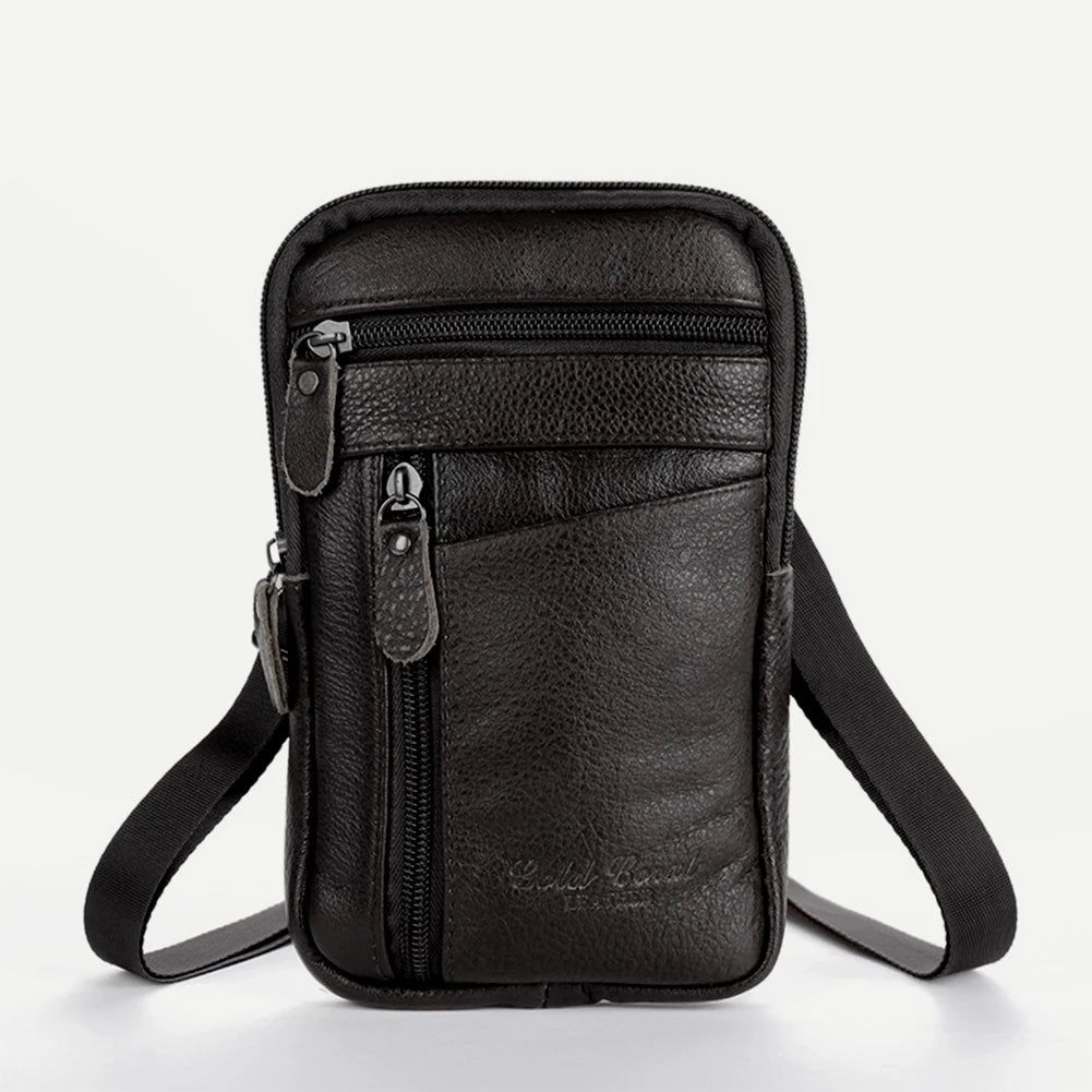 A black vintage genuine cowhide leather crossbody sling bag with a zipper and adjustable strap.