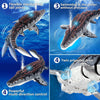 Diagram showing features of a mosasaurus water spray boat including flexible tail joints, swimming without pressure, and twin
