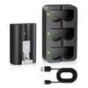 A black rechargeable battery for Ring video doorbells and cameras, shown next to its charging cable.