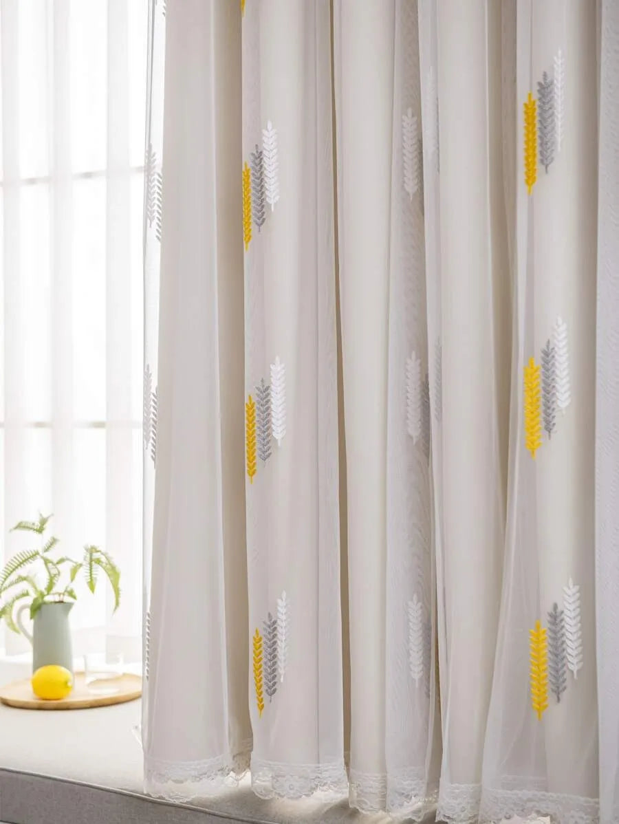 Elegant Wheat Field Embroidered Curtain with Lace Trim