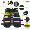 A black tool vest featuring multiple pockets, a retractable pen holder, and safety reflective strips.