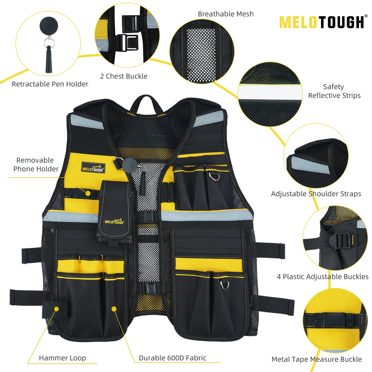 A black tool vest featuring multiple pockets, a retractable pen holder, and safety reflective strips.