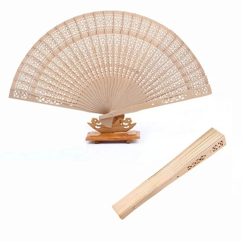 Handcrafted Sandalwood Folding Fan with Intricate Cutwork