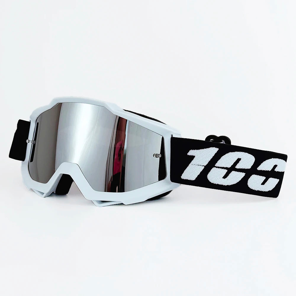 Silver off-road motorcycle goggles with a black strap featuring the number 100