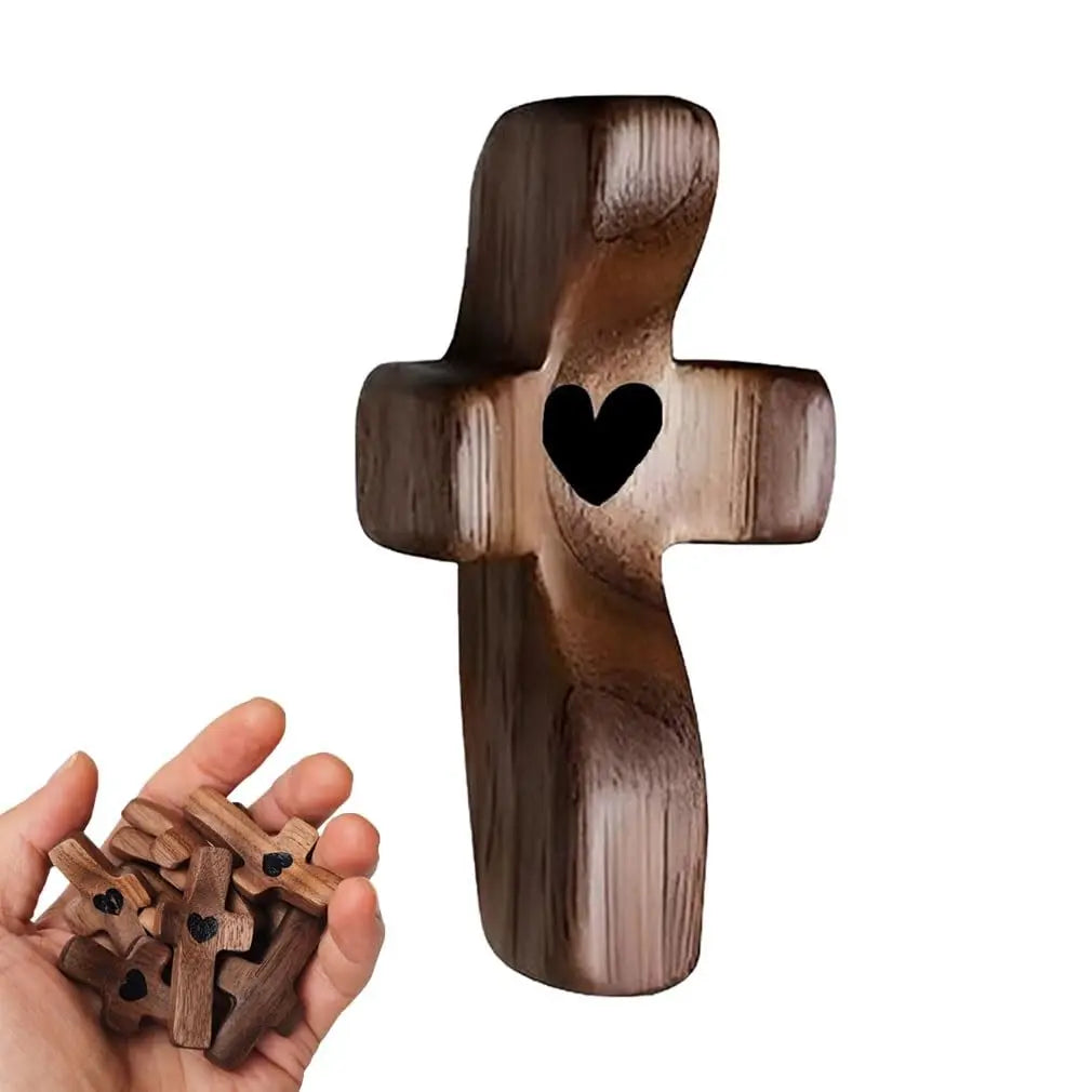 Wooden Pocket Cross with Heart Cutout