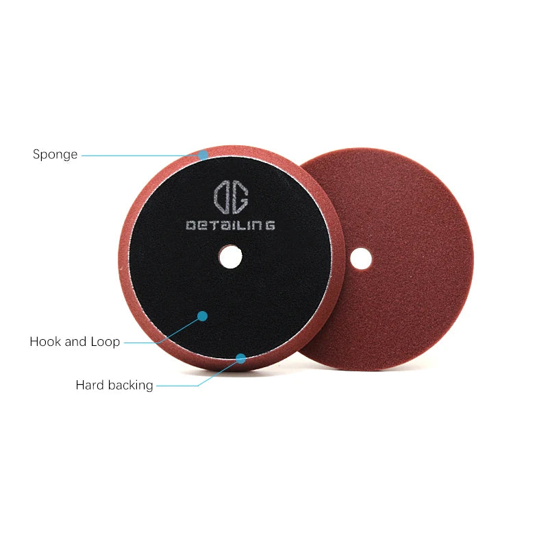 A set of foam polishing pads for car detailing showing the sponge, hook and loop, and hard backing.