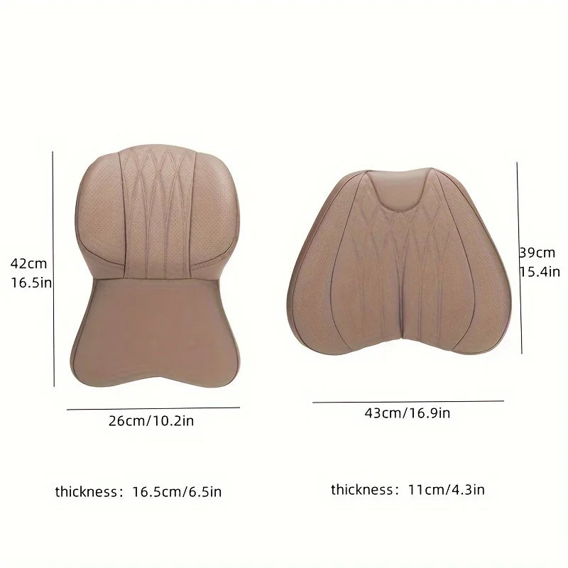 A beige memory foam lumbar support and neck pillow set shown in two views with dimensions.
