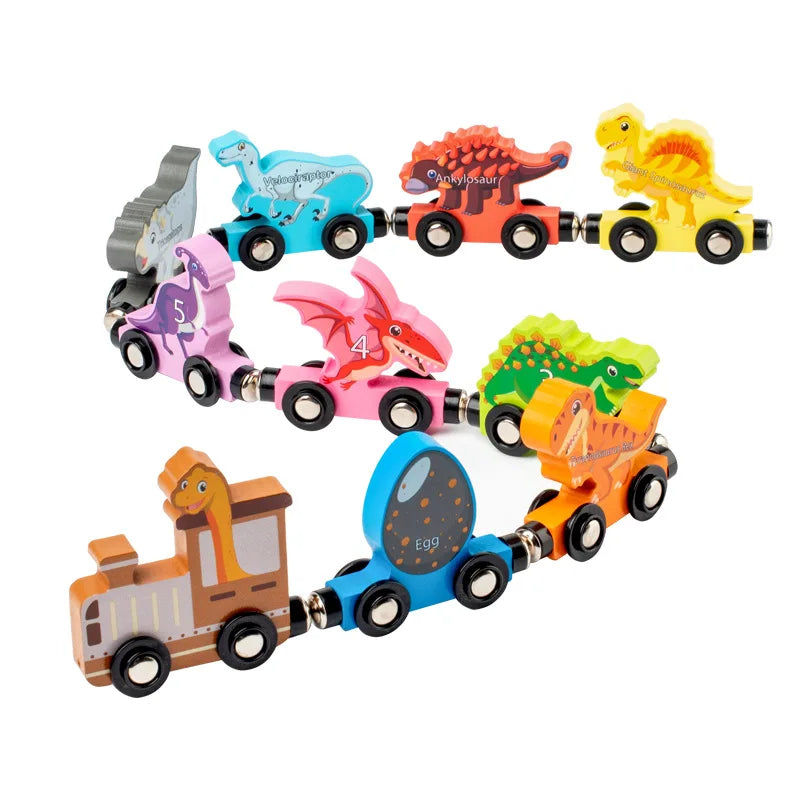 Montessori Magnetic Wooden Train Set with Animal & Vehicle Carriages