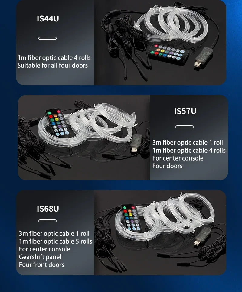 Three models of fiber optic cables and remote controls for car interior LED lighting systems