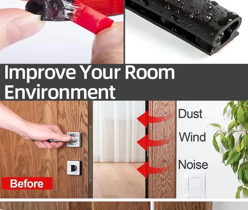 Close-up of a red self-adhesive D-shape weather stripping seal being applied to a door frame and a black foam sealing strip.