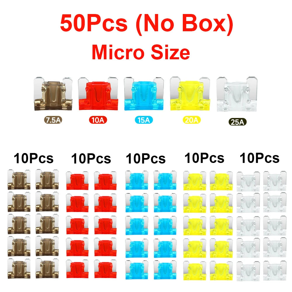 Assortment kit of 50 micro size car blade fuses in various amperages like 7.5A, 10A, 15A, 20A, and 25A.