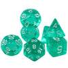 A set of seven transparent green crystal polyhedral dice used for tabletop role-playing games