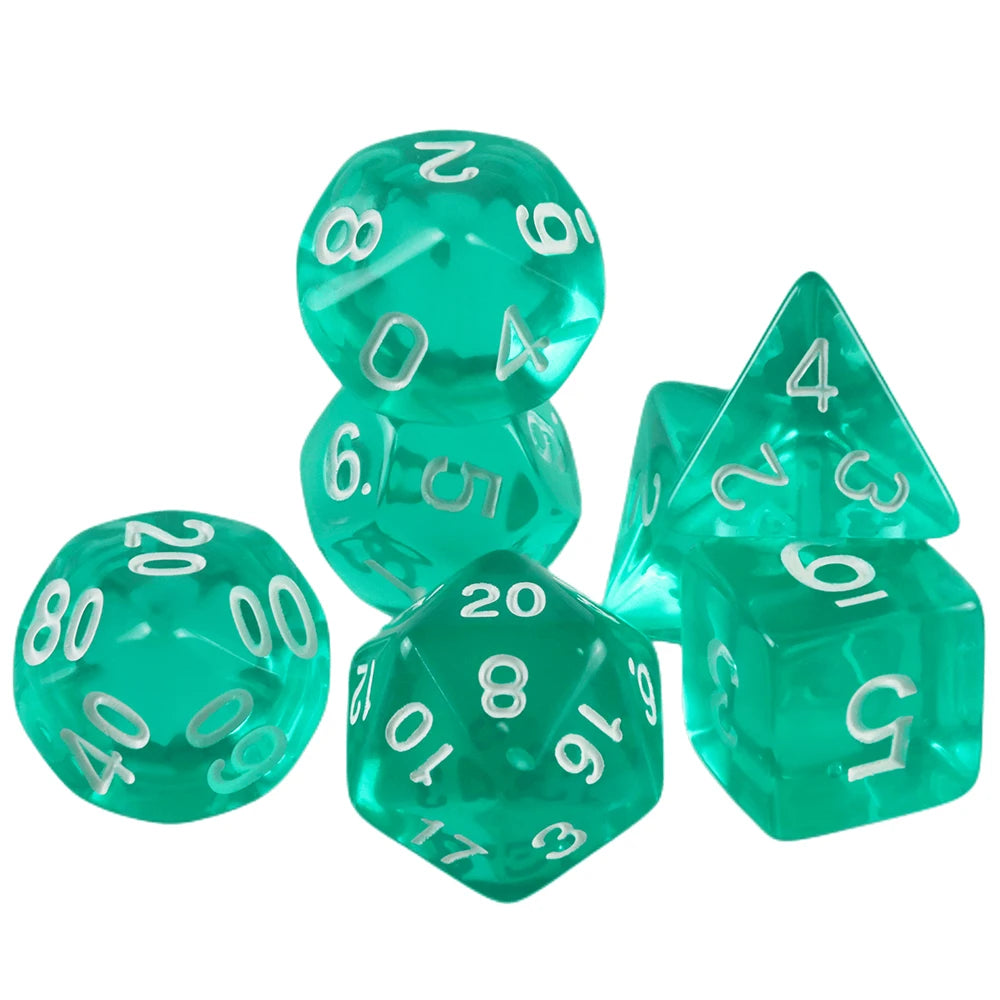 A set of seven transparent green crystal polyhedral dice used for tabletop role-playing games