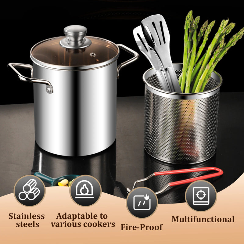 Deep Fryer Pot, 3.2 Qt, Stainless Steel with Basket and Glass Lid