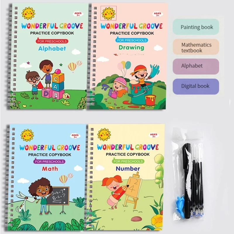 A set of three colorful practice copybooks for preschoolers featuring alphabet, drawing, and math activities.