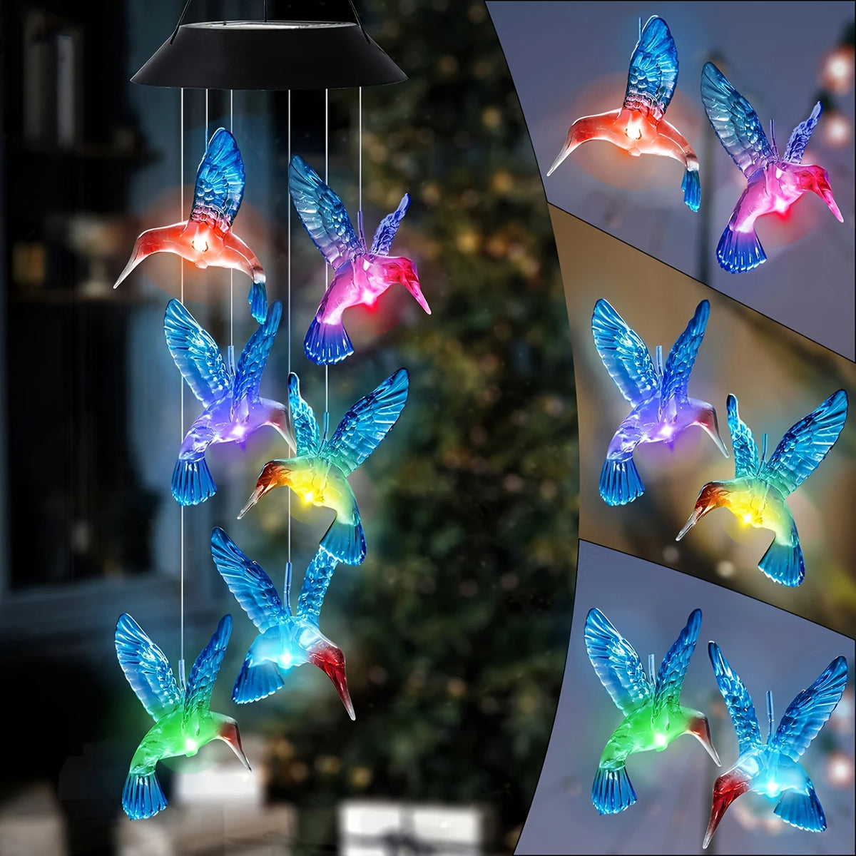 Carillon à vent solaire suspendu avec des formes d'oiseaux colorées et irisées en bleu, rose et vert.