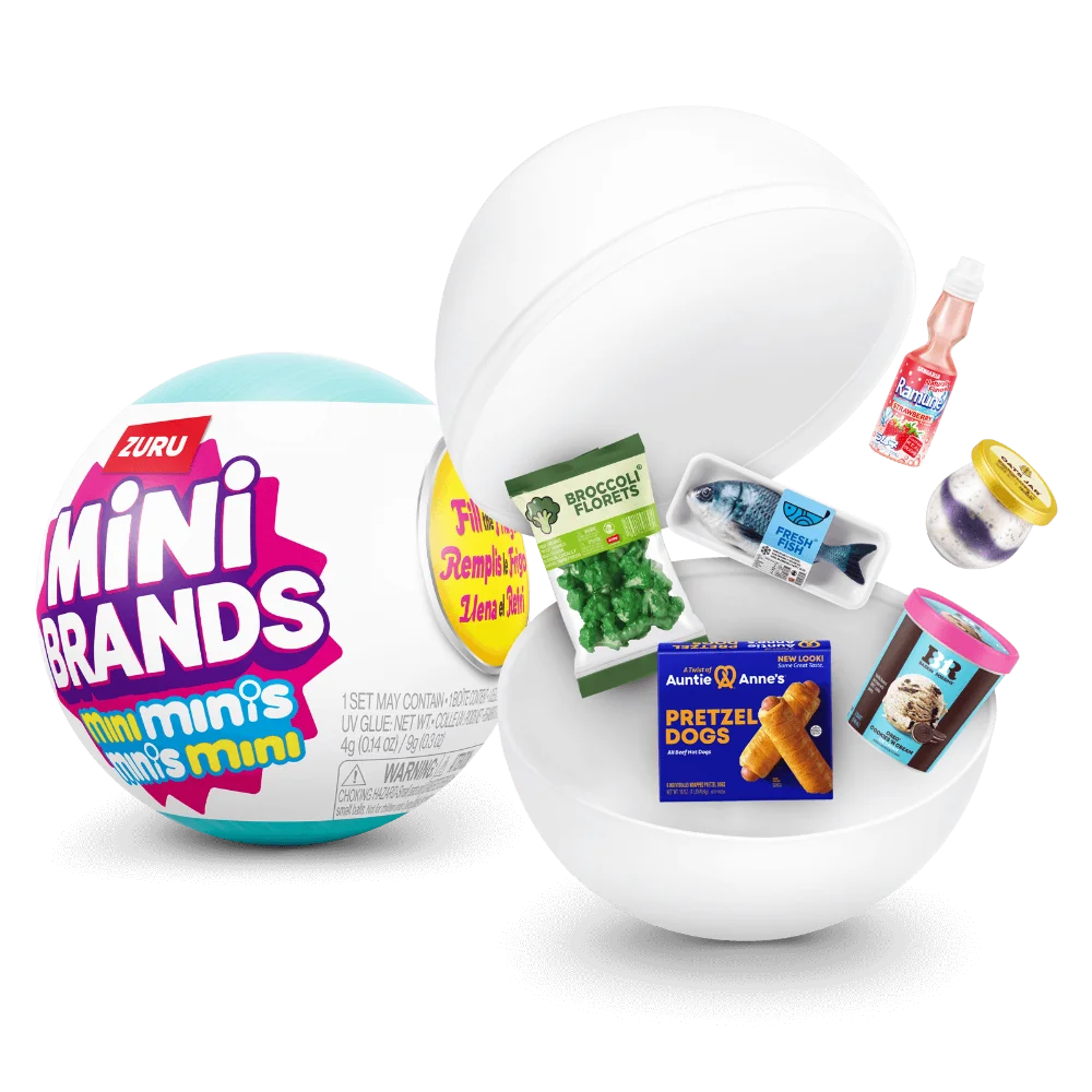 A white blind box containing mini brands including a broccoli florets packet and pretzel dogs