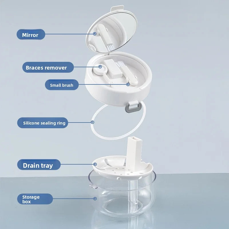 A white portable retainer and denture cleaning case with various components including a mirror, braces remover, small brush, 