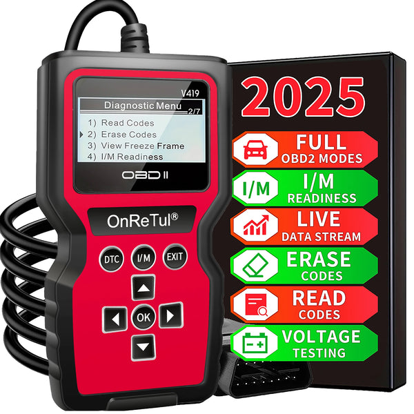 A black OBD2 diagnostic scan tool with a red casing and various buttons, showing a digital menu screen.