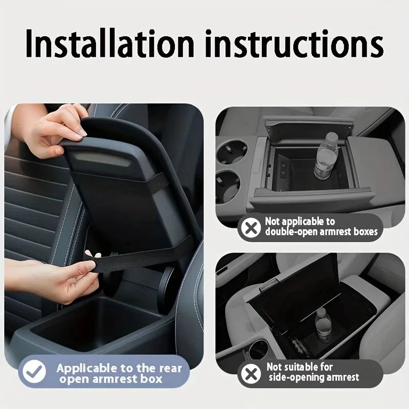 Installation instructions showing how to install a plush car armrest cushion in a vehicle interior.