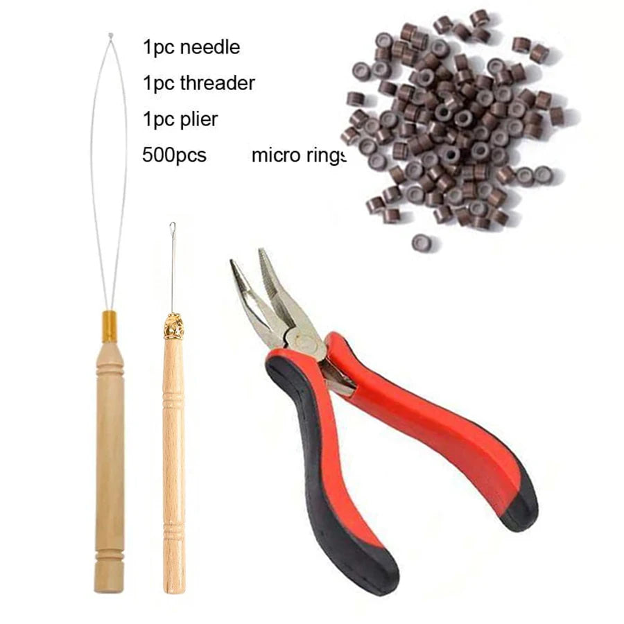 A complete hair extension installation kit showing a needle, threader, pliers, and silicone-lined micro rings.