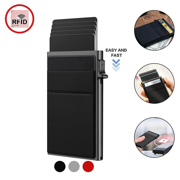 A black minimalist RFID-blocking metal card wallet shown with various color options and an RFID symbol.