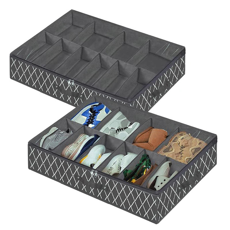A black under-bed shoe storage organizer with a diamond pattern, featuring multiple compartments for storing shoes.