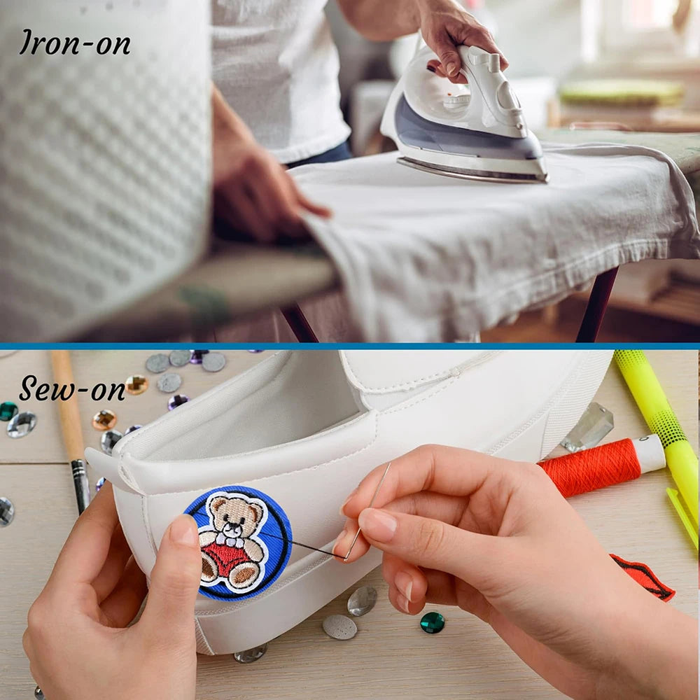 Hands are applying embroidered iron-on patches to a white leather shoe.